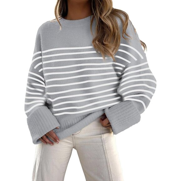 Sweaters - Women's Gray White Stripe Oversized Long Sleeve Casual Fuzzy Knit Sweaters